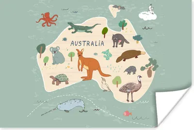 Produktbild von MuchoWow® Poster Tiere - Australien - Weltkarte - Kinder - Blau - Kinder 180x120 cm - Fotoplakat