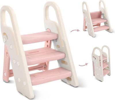 Onasti Tritthocker für Kinder, 2 Stufen - 3 Stufen Höhenverstellbar Kinderschemel, Trittschemel für Baby, Lernturm mit Handhaben, Faltbar, Multifunktional, für Bad, Kleinkinderzimmer, Küche Rosa
