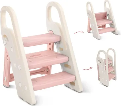 Produktbild von Onasti Tritthocker für Kinder, 2 Stufen - 3 Stufen Höhenverstellbar Kinderschemel, Trittschemel für Baby, Lernturm mit Handhaben, Faltbar, Multifunktional, für Bad, Kleinkinderzimmer, Küche Rosa