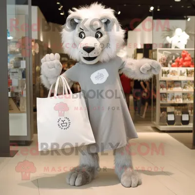 Produktbild von Silberner REDBROKOLY Löwe Maskottchen kostüm gekleidet in ein Etuikleid und Tragetaschen