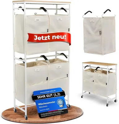 Produktbild von Wäschesammler Organizer mit abnehmbaren Taschen 200L Volumen [mehr Ordnung] Wäschekorb 2 Fächer, Wäschekorb 4 Fächer, Wäscheschrank | Wäschesortierer jetzt auswählen (Beige, 4 Taschen)