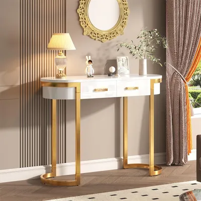 Produktbild von Beistelltisch mit 2 Schubladen Konsolentisch Schreibtisch für Wohnzimmer Schlafzimmer 100x40x76cm Weiß