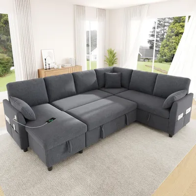 Produktbild von MODFU Ecksofa mit Schlaffunktion 255×196 cm, 6-Sitzer L/U-Sofa mit Stauraum, Schlafsofa Relaxsofa mit USB- und Type-C-Anschluss,Grau