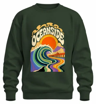 Productafbeelding van Oceanside Surf Wave Retro Pier Sunset Beach California, zeesweatshirt, model pullover, smaragdgroen, maat XL