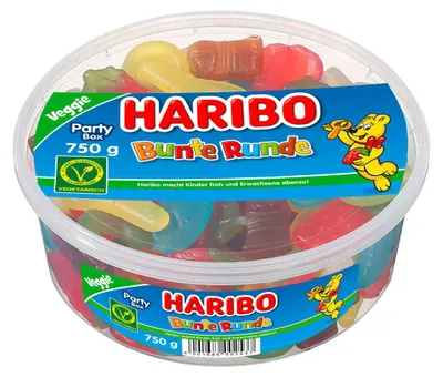 Obrázek produktu pro Haribo Bunte Runde veggie Party Box klasická kulatá plechovka 750 g