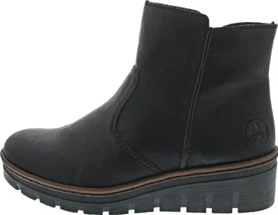 A black Rieker boot shown from the side against a white background.