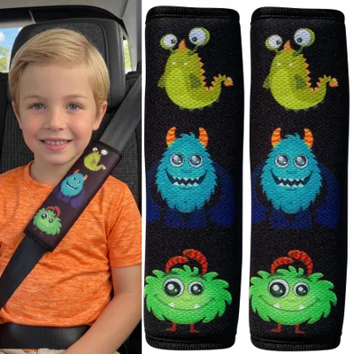 Produktbild von 2x HECKBO Kinder Auto Gurtpolster Gurtschutz mit Monster Motiv - Sicherheitsgurt Polster für Kinder und Babys- Ideal für jeden Gurt Autositzerhöhungen Kinder Fahrradanhänger Flugzeug