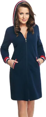 Produktbild von DOROTA kuscheliger und moderner Damen Bademantel, mit Reißverschluss, Taschen & Kapuze, dunkelblau-rot, Gr. M