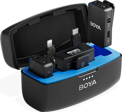 Obrázek produktu pro BOYA BOYAMIC All-in-One 2.4G bezdrátový mikrofonní systém Připojitelný bezdrátový mikrofon 300M přenos 8G paměť Nahrávání na palubě s nabíjecím pouzdrem Náhrada pro iOS Android Smartphony Kamera Počítač pro živé vysílání Vlogging Rozhovor