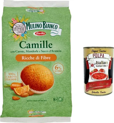 Produktbild von 3x Mulino Bianco Camille Snack, reich an Ballaststoffen, italienische Karotten, Mandeln, Orangensaft, 8 Kuchen, 304 g + Italian gourmet polpa 400g