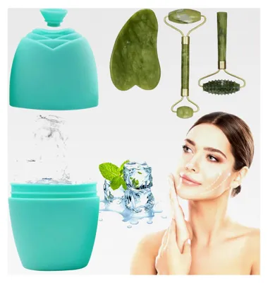 Produktbild von Gua Sha Stein aus Jade, Eisroller Set für Gesichtsmassage, zur Reduzierung von Augenschwellungen und Hautstraffung, Eisroller für Gesicht, Augen und Hals