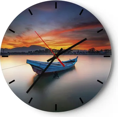 Produktbild von Wanduhr - Rund - Glasuhr - Westen Sonne Boot - 30x30cm - Schleichendes Uhrwerk - Lautlos - zum Aufhängen bereit - Dekoration Modern - Wanddekoration aus Glas - C3AR30x30-4791