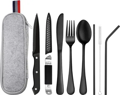Produktbild von Camping Besteck, 9 Stück Edelstahl Reisebesteck mit Etui, Tragbare Campingbesteck, Camping Besteck Set To Go, Spülmaschinenfest, Schwarz