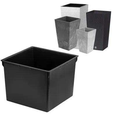 A black plastic planter insert is shown in the foreground, with several other planters of various colors and textures in the background.