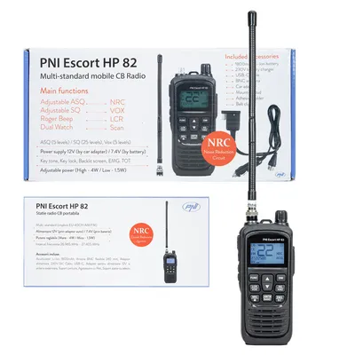 A collage showing the PNI Escort HP 82 CB radio and its packaging.