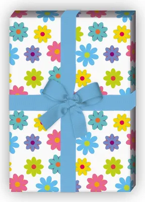 Produktbild von Buntes 70er Jahre Blumen Geschenkpapier im Retro Design, hellblau - G8135, 32 x 48cm