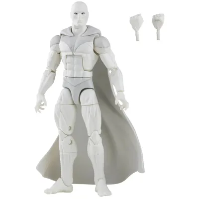 A white action figure of the character Vision, with a cape and two interchangeable hands, is displayed against a white background.