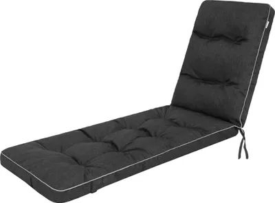 A dark gray tufted chaise lounge cushion with white piping, shown against a white background.