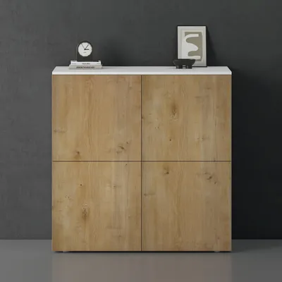 Produktbild von doporro Sideboard Kommode 100 cm in Matt Weiß und Kerneiche Aufbewahrungsschrank Bodenstehend für Ihren Wohnbereich Viel Stauraum Schrank 04