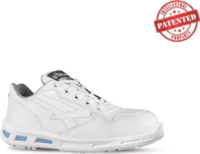 A white safety shoe is shown against a white background, with a 'Patented' stamp in the upper right corner.