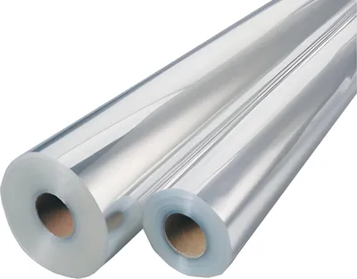 Two rolls of clear plastic film on cardboard cores, presented against a white background.