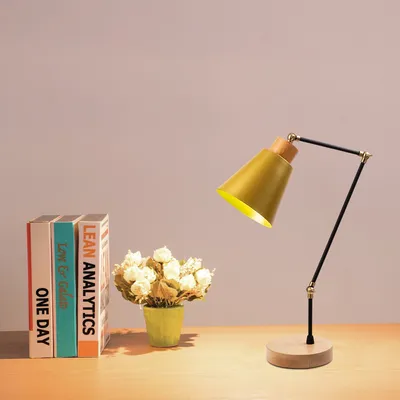 Immagine prodotto di Opviq, lampada da tavolo industriale con struttura in metallo, base in legno, Ø 14 cm, altezza 52 cm, attacco E27, max. 40 W, cavo da 200 cm, IP20, oro | Design elegante per ambienti moderni.