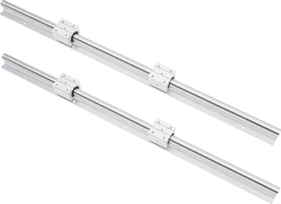Two linear guide rails with bearing blocks on a white background.