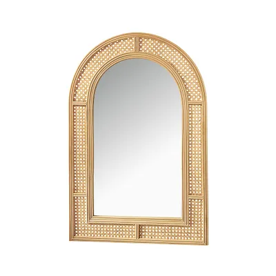 A mirror with a rattan frame.