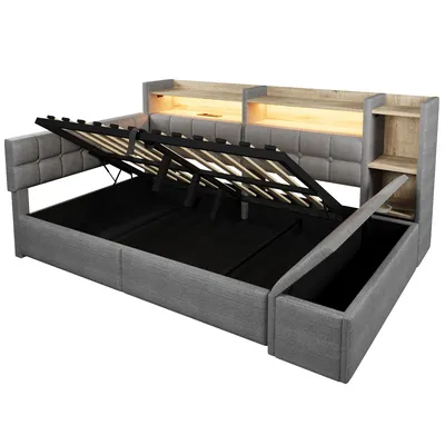 Produktbild von Flieks Schlafsofa Tagesbett 140x200cm mit Hydraulischem Betthocker, Polsterbett Doppzelbett mit Ladefunktion & Led, Jugendbett Samt mit Ablagen, Grau