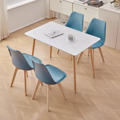 Produktbild von Essgruppe rechteckiger Esstisch und 4 Stühle Weiß + Blau