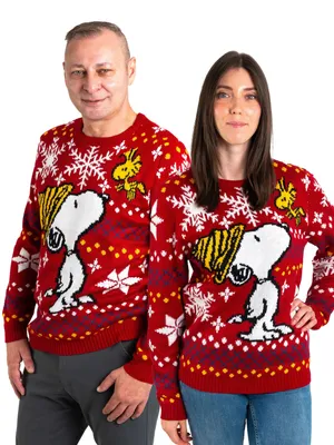 Produktbild von The Peanuts Snoopy Winterpullover Uni - Winter Strick Pullover Sweatshirt Ugly Sweater für Herren & Damen Rot S