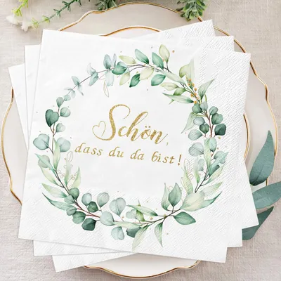 Produktbild von Papierservietten - 3-lagig mit Aufdruck Schön Dass Du Da Bist - Tischdekoration - 33x33 cm - 50 Stück - Weiß Grün Gold