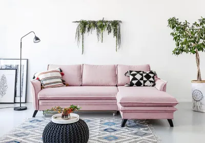 A pink sectional sofa is arranged in a living room setting with decorative elements.