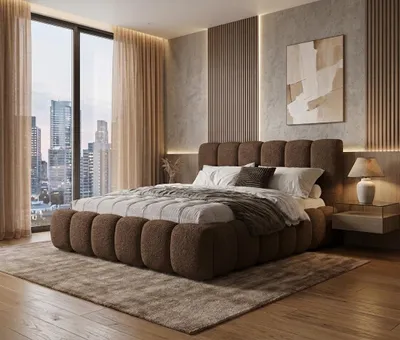 Produktbild von Polsterbett mit Bettkasten TOKIO 2 - Boucle / Lambi 6 Braun / Schlaffläche 140 cm x 200 cm / Metallrahmen / Bett mit gepolstertem Kopfteil, KI-generiertes Bild