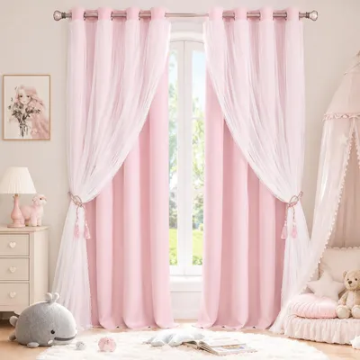 Immagine prodotto di Tende a doppio strato con velo trasparente e tessuto oscurante, ideali per la cameretta dei bambini, tenda termica, tende con passanti, 1 pezzo, rosa, altezza 213 cm x larghezza 132 cm