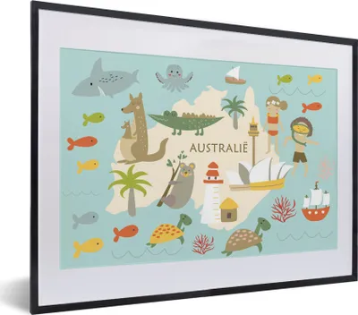 Produktbild von MuchoWow® MuchoWow® Gerahmtes Poster Weltkarte Kinder - Australien - Farben 40x30 cm - Poster mit zchwarzem Bilderrahmen - Bilderrahmen - Poster im Rahmen