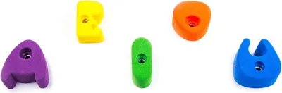 Set von bunten Kinderklettergriffen in verschiedenen Formen und Farben- lila; gelb; grün; orange und blau.