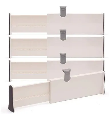 Obrázek produktu pro JustValue sady 4 kusů dělicích příček do zásuvek – nastavitelné 28–43 cm – výška 10 cm – bílá