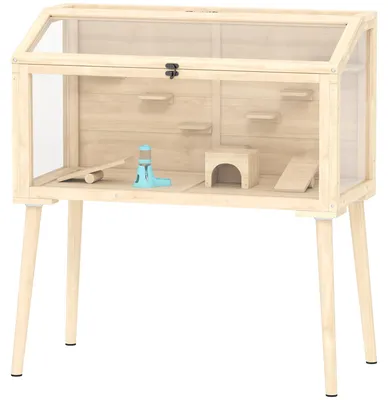 Image de Cage pour hamster PawHut en bois pour hamsters nains, avec balançoire, abreuvoir et porte supérieure