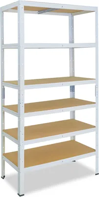 A white metal shelving unit with wooden shelves against a white background.