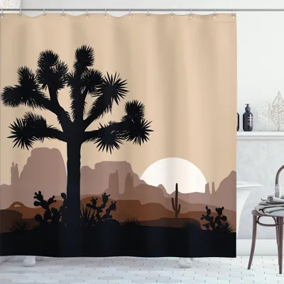 Zdjęcie produktu dla ABAKUHAUS Zasłona prysznicowa z motywem krajobrazowym, poranny krajobraz z drzewem Jozuego i górami nad wschodzącym słońcem Rocky Wilderness, 175 x 220 cm, wielokolorowa