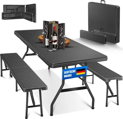 Produktbild von KESSER® Bierzeltgarnitur - 3-teilig Set, Tisch + 2 x Bank, für drinnen - draußen, klappbar, Tragegriffe, HxBxT: 73x180x75 cm , Kunststoff, Rattan-Look Gartengarnitur , Klapptisch , Gartentisch