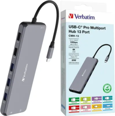 Zdjęcie produktu dla Verbatim CMH-13, USB Type-C, 3.5mm, DisplayPort, HDMI, RJ-45, USB 2.0, USB 3.2 Gen 1 (3.1 Gen 1) Type-A, USB 3.2 Gen 2 (3.1 Gen..., SD, MicroSD (TransFlash), 10000 Mbit/s, 30 Hz, Srebrny