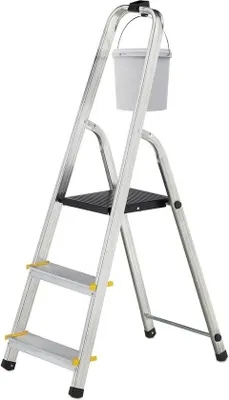 Produktbild von Famanu Haushaltsleiter 3 Stufen mit Handlauf - 150 kg - HBD 116 x 405 x 61 cm - Küchensilber/Schwarz