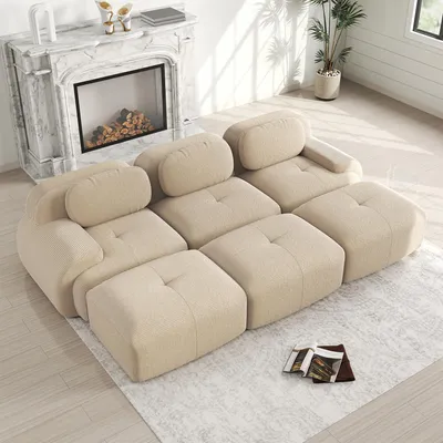 Produktbild von Modulares 3-Sitzer-Sofa aus Cordstoff, rahmenlos,montagefrei, haustierfreundlich,mit 3 Hockern,ultra-breiten Armlehnen, 32D hochelastischer Polsterung