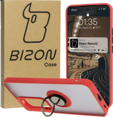 Produktbild von Bizon Case Hybrid Ring Fingerring Hülle für Oppo Reno 12, Rauch mit rotem Rahmen