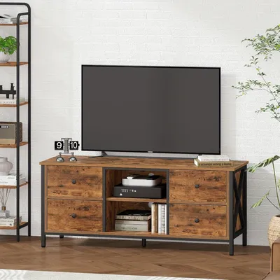 Image de Meuble TV – Meuble de télévision – Support TV – Étagère TV – Meuble TV – Style vintage, marron et noir – 4 tiroirs et 2 compartiments ouverts – Adapté aux téléviseurs jusqu'à 55 pouces – Style industriel