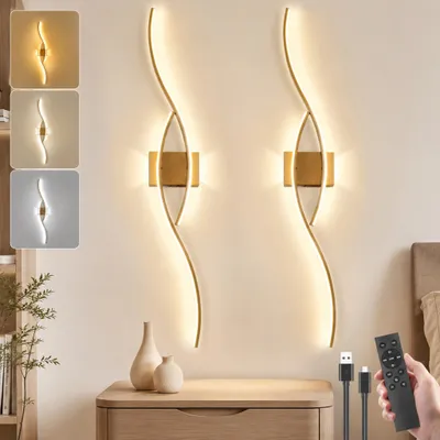 Image de Applique Murale Sans Fil 100cm Lot de 2 - Sur Batterie Rechargeable USB-C Variable 3000K-6000K avec Télécommande Or Salon