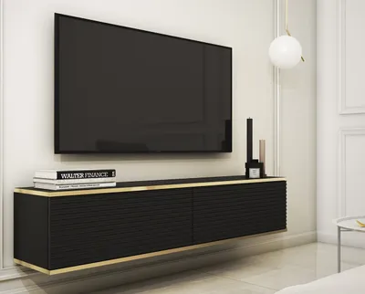 Produktbild von Bettso TV-Wandschrank TV Schrank TV-Kommode TV Cabinet mit 2 Türen Moderner Fernsehschrank für das Wohenzimmer ORO 135 cm Lamellen Fronten Schwarz