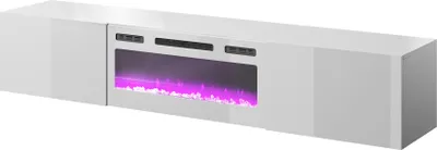 Produktbild von Fernsehschrank SLIDE EF 200x37x40 cm Tv-Schrank mit elektrichem Kamin Heizfunktion Lowboard 2 Klappen Hängende Weiß Hochglanz/Weiß Kamin